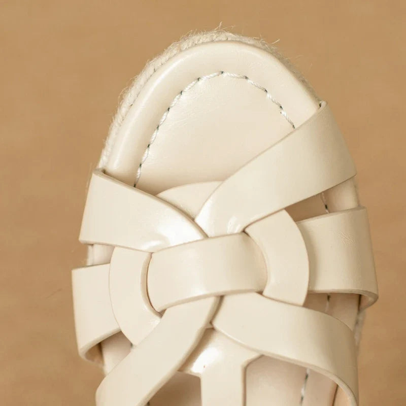 Square Headed Open Toe Real Leather Weaving Slope Heel