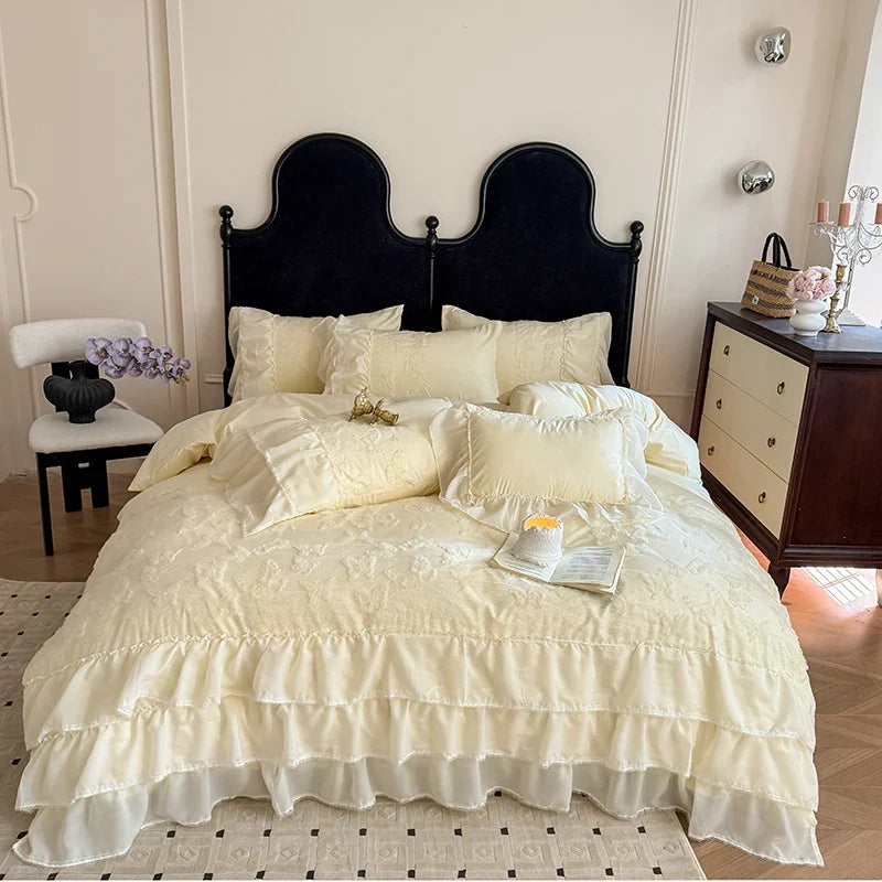 4Pcs French Vintage Princess Style Embroidered Chiffon Lace Ruffle Luxury Bedding Set