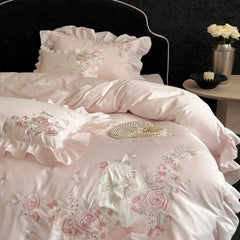 Pink Flowers Embroidery Ruffles Luxury Bedding Set