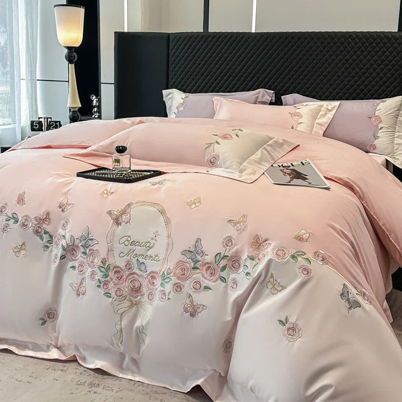 100% Cotton Rose Flowers Butterfly Embroidery Bedding Set