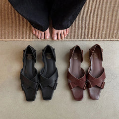 leather cowhide square toe low Heel