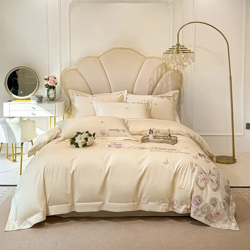 100% Cotton Butterfly Flowers Embroidery Luxury Bedding Set