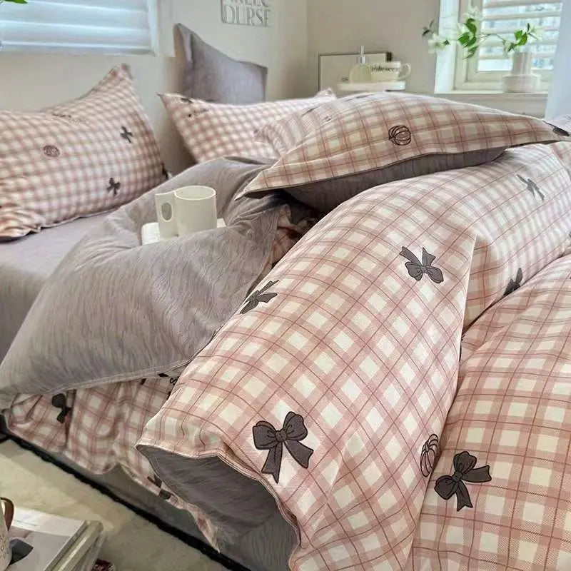 Grey Duvet Cover Set with Bow Fashion Twin Queen Size Girls Boys Flat Sheet Pillowcase No Filler Soft Summer Home Bedding Set