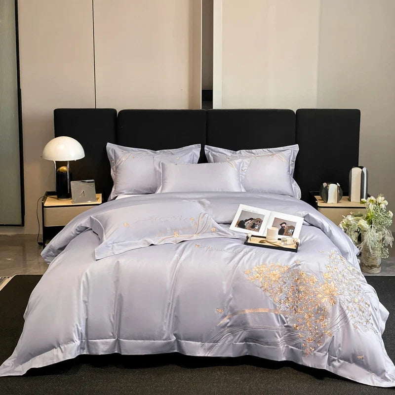 100% Cotton Chic Butterfly Flowers Embroidery Luxury Bedding Set