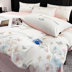 Chic Butterfly Flowers Embroidery 100% Cotton Luxury Bedding Set