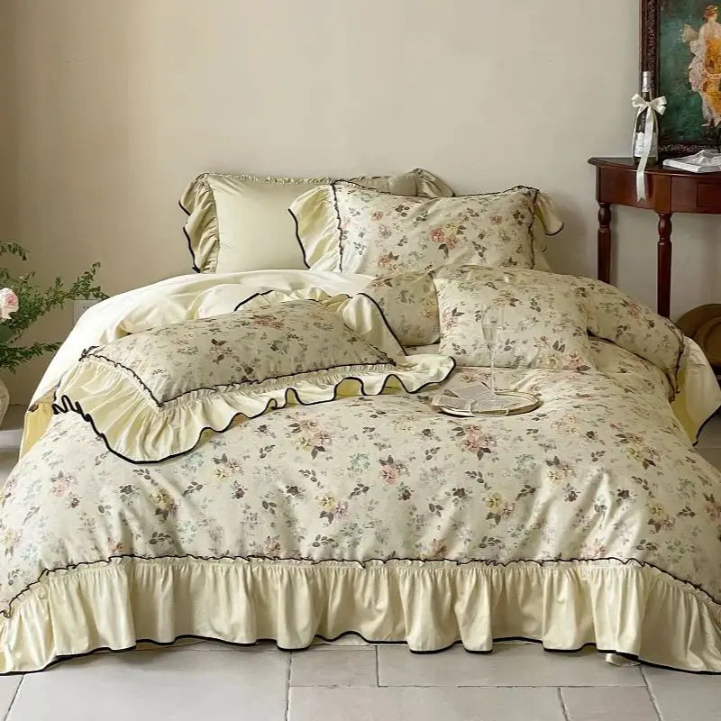 Premium 1000TC Egyptian Cotton Flowers Print Ruffles Princess Bedding Set