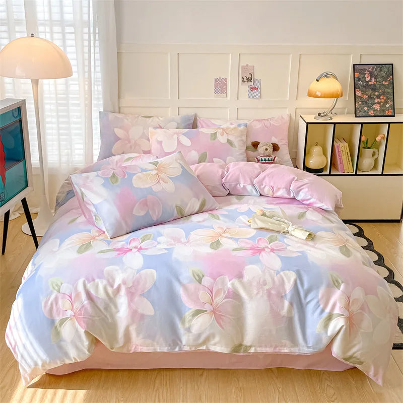 Heart Pattern 100% Cotton Duvet Cover Set with Flat Sheet or Fitted Sheet 3/4 Pcs Soft Breathable Queen King Size Bedding Set