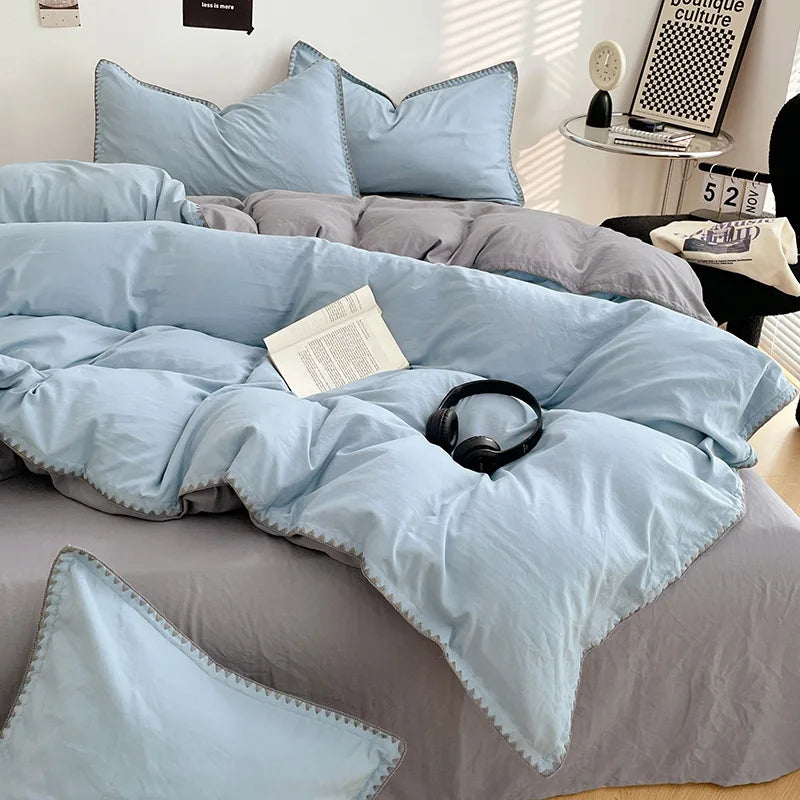 Solid Color Soft Duvet Cover Set Skin Friendly Washable Cotton Queen Bedding Set