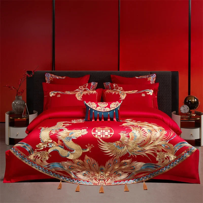 Luxury Chinese Style Wedding Dragon Phoenix Embroidery Red Bedding Set