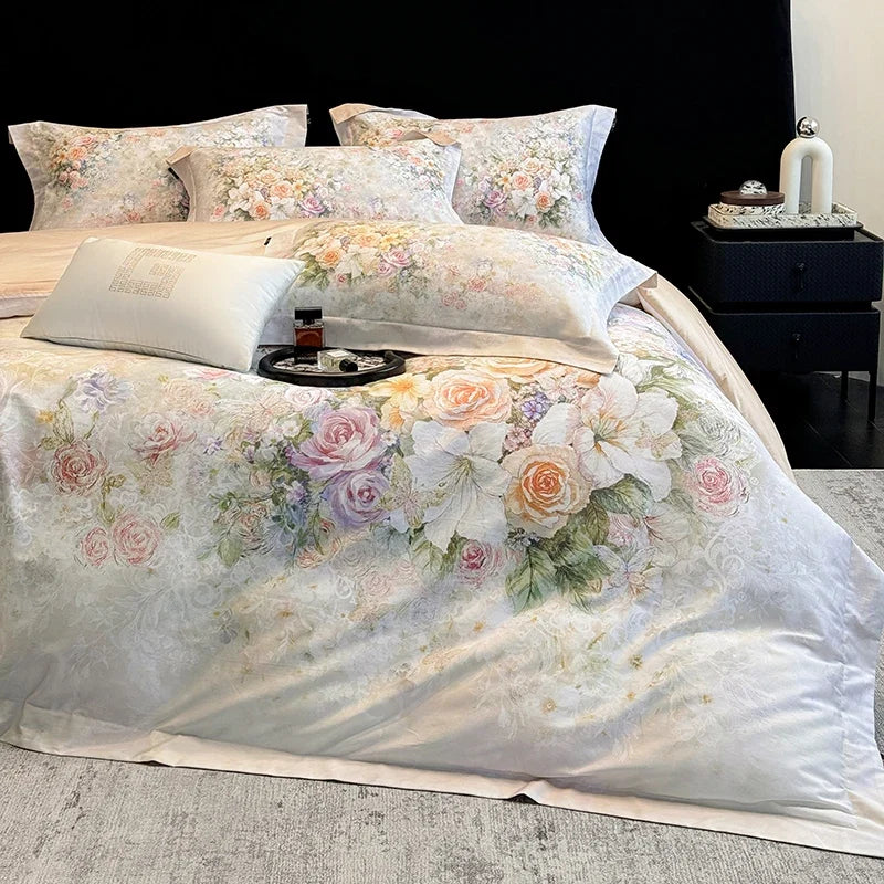 1000TC Egyptian Cotton Blooming Flowers Prints Luxury Queen King Size Bedding Set