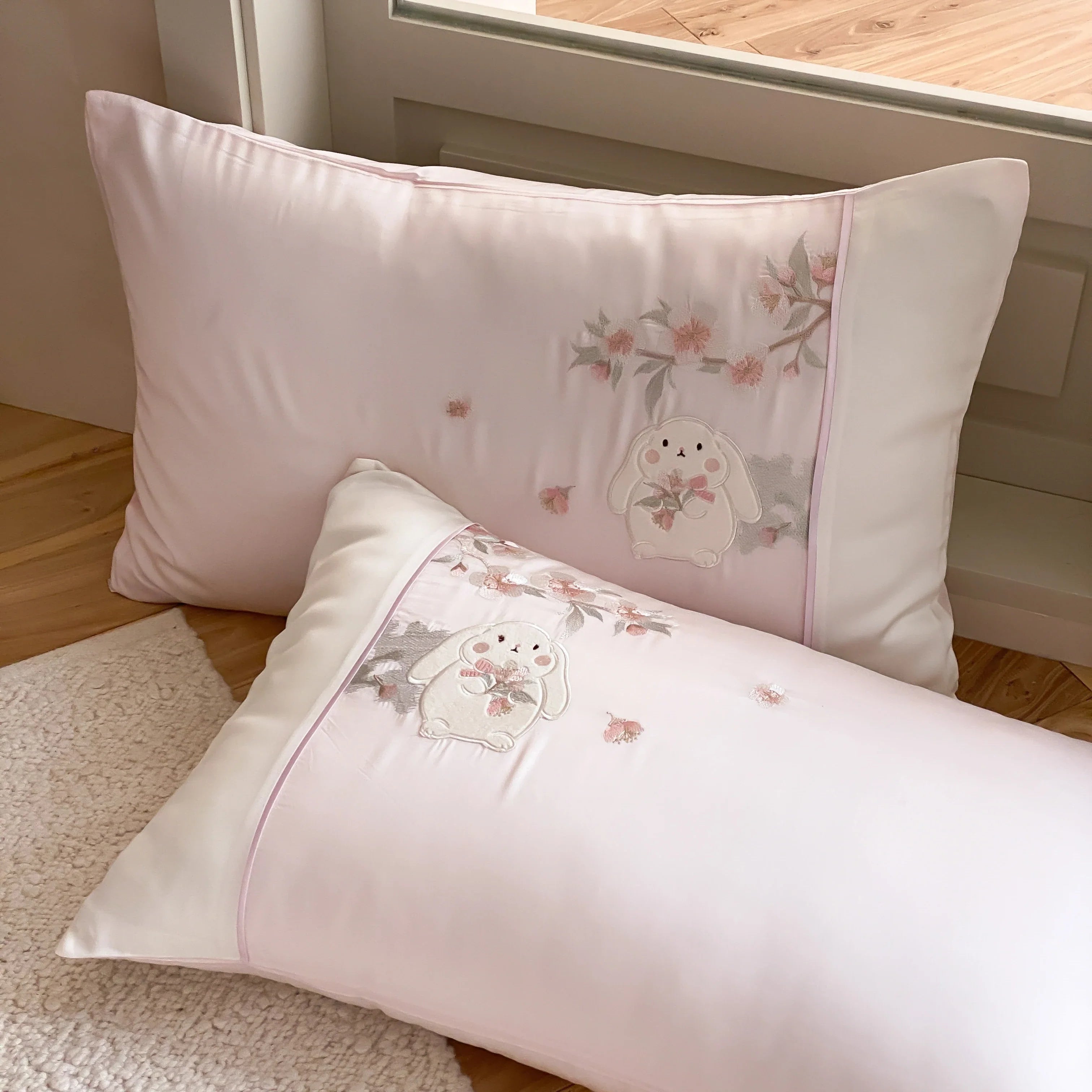 Pink Cute Rabbit Embroidery 600TC Lyocell Soft Silky Cooling Summer Bedding Set