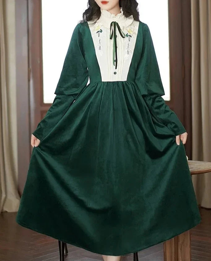 Imogen's Holiday Vintage-style Velvet Dress with Embroidery