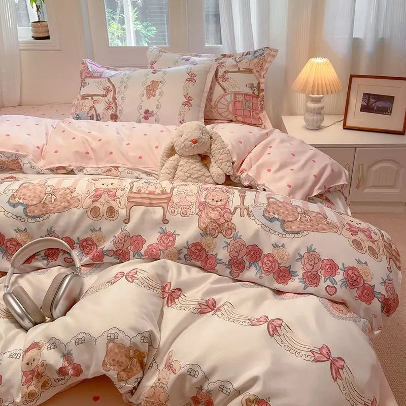Ins Bear Duvet Cover Set with Zipper Fashion Girls Boys Kids Flat Bed Sheet Pillowcases No Filler Single Queen Size Bedding Set