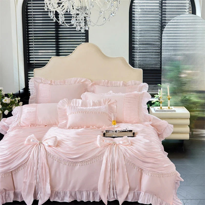 1000TC Egyptian Cotton Vintage French Palace Style Pleated Lace Ruffles Bow Bedding Set