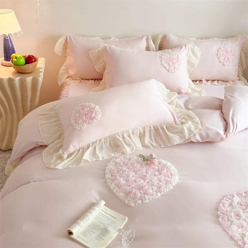 3/4Pcs French Princess Style Washed Cotton Embroidered Pink Rose Bed Skirt Fitted Sheet 200X230 Quilt Cover Bedding Set