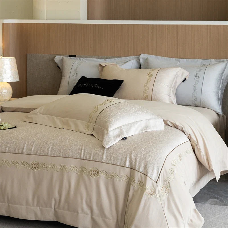 1000TC Egyptian Cotton Brushed Jacquard Embroidery Luxury Solid Color Bedding Set