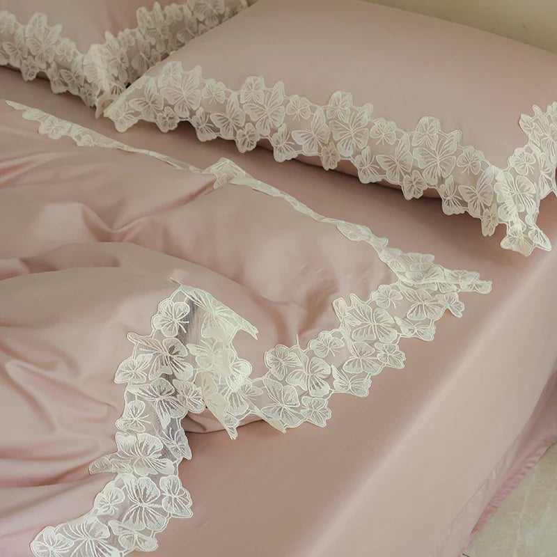 100% Cotton Flowers Butterfly Lace Edge Bedding Set