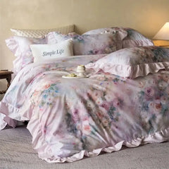 600TC Egyptian Cotton Flowers Print Ruffle Luxury Bedding Set