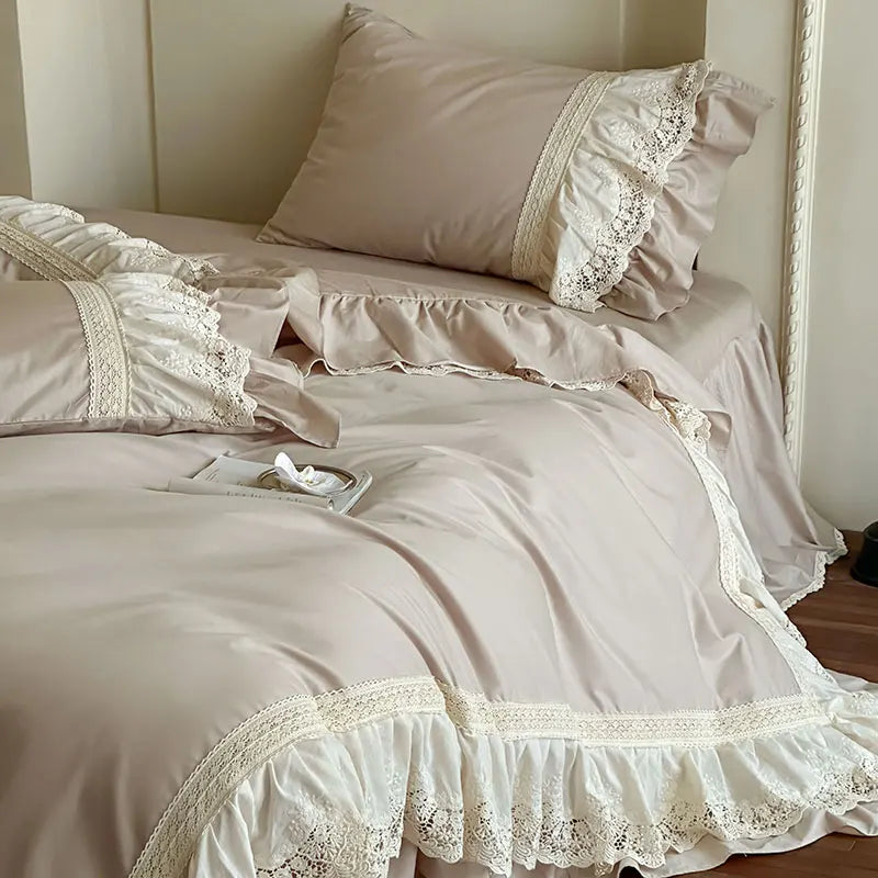 French Vintage Lace Ruffles Pure Cotton Princess Bedding Set
