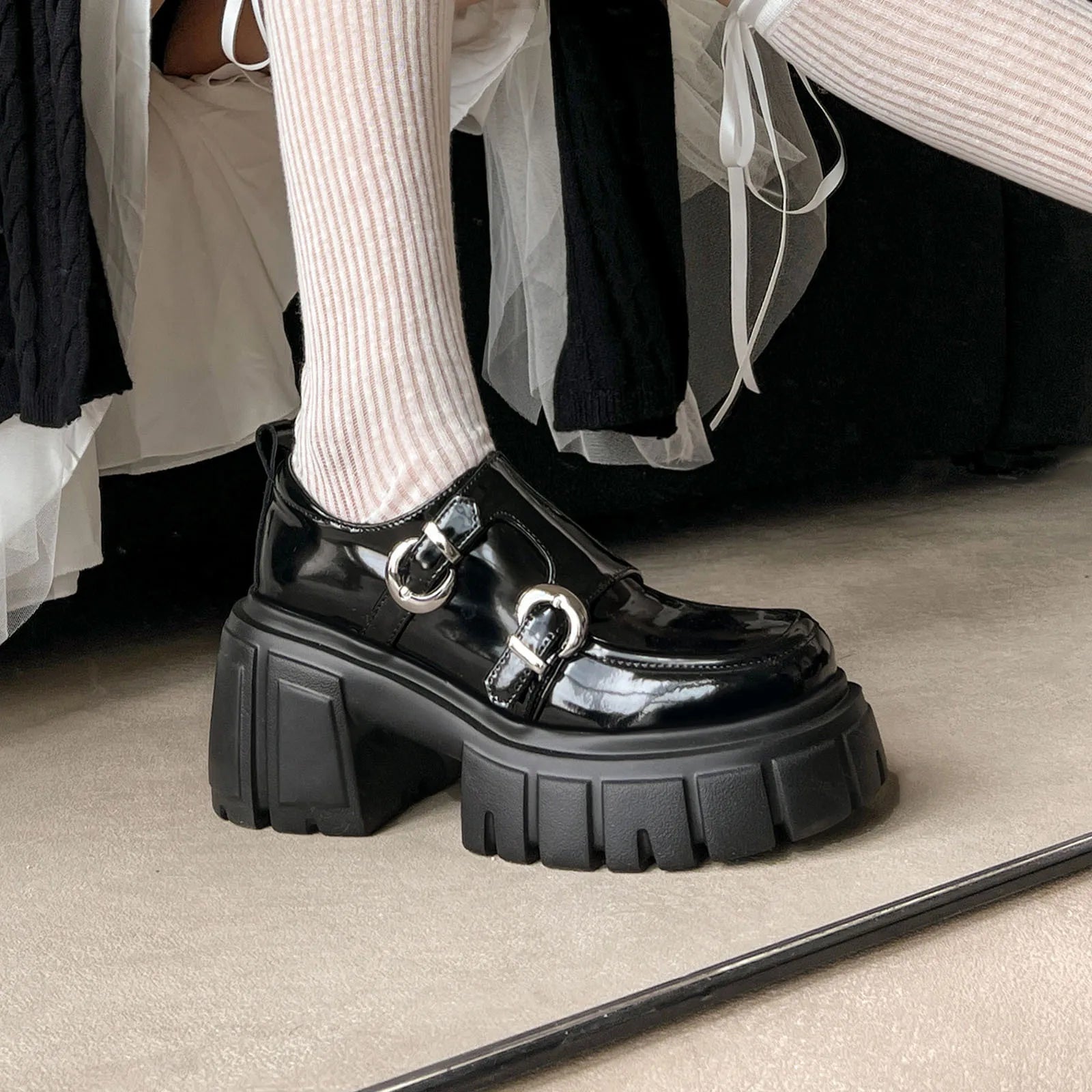 cowhide Platform Single shoe round toe Chunky Heel