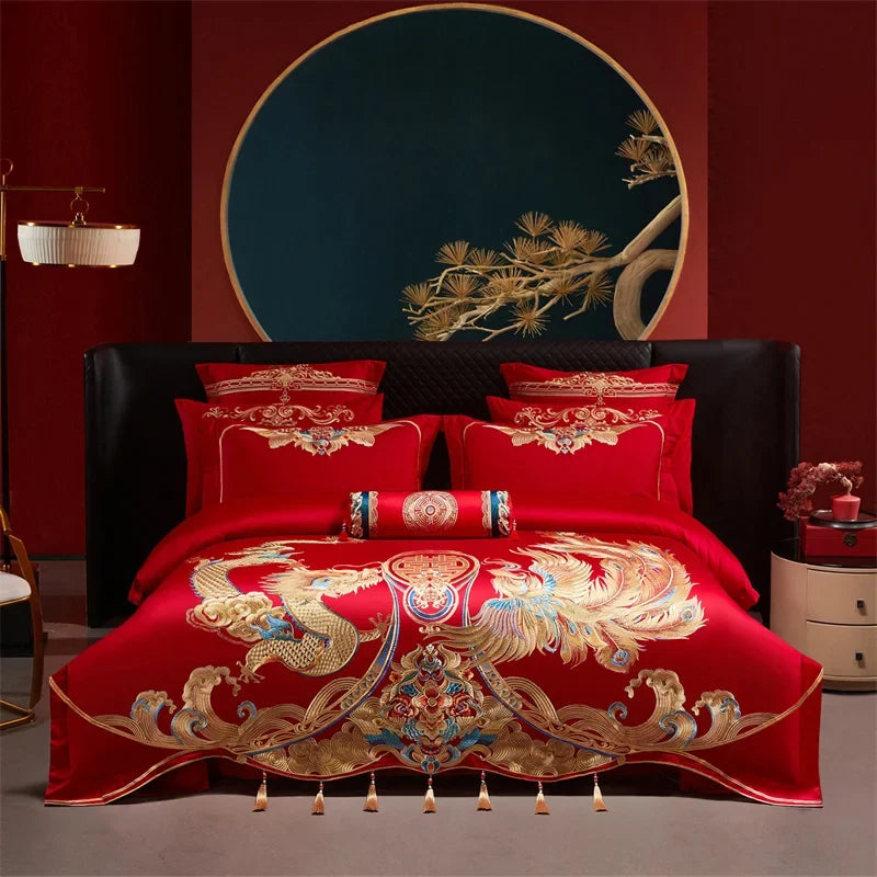 Luxury Chinese Style Wedding Dragon Phoenix Embroidery Red Bedding Set