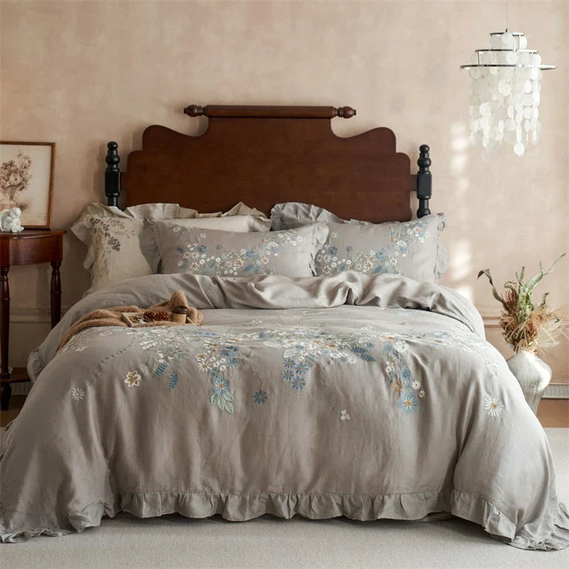 100% Pure Linen Vintage Flowers Embroidery Ruffles Luxury Bedding Set