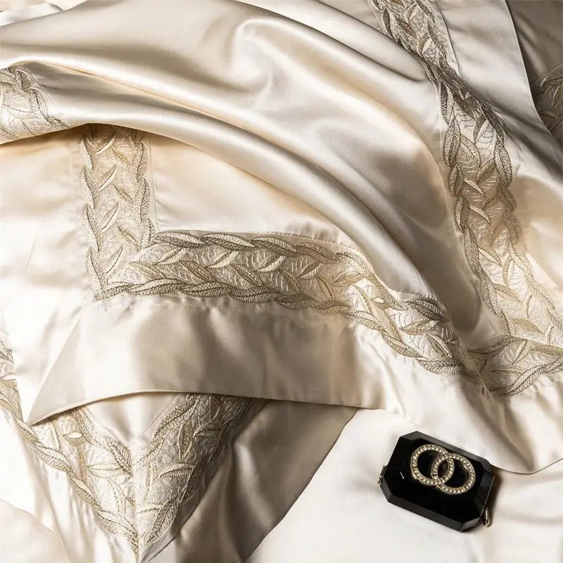 1000TC Egyptian Cotton Soft Silky Brocade Lace Champagne Luxury Bedding Set
