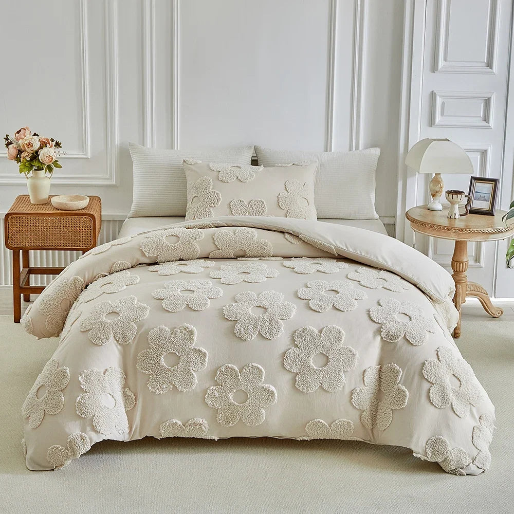 3D Tufted Floral Duvet Cover Set with Pillowcases Soft Comfortable King Queen Bedding Set