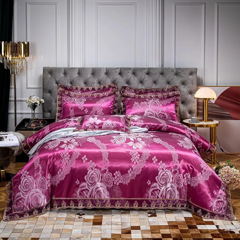 Luxury Euro Gold Satin Jacquard Lace Bedding Set