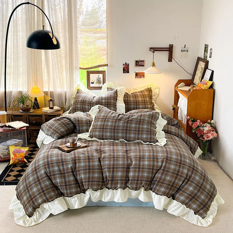 3/4Pcs Grid Stripes Ruffles Bedding Set
