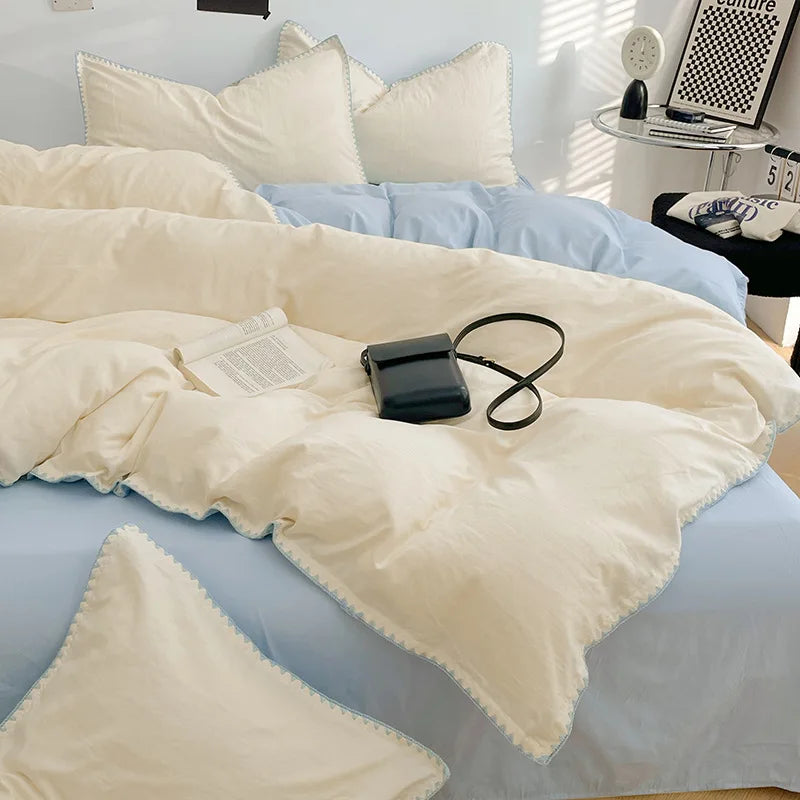 Solid Color Soft Duvet Cover Set Skin Friendly Washable Cotton Queen Bedding Set