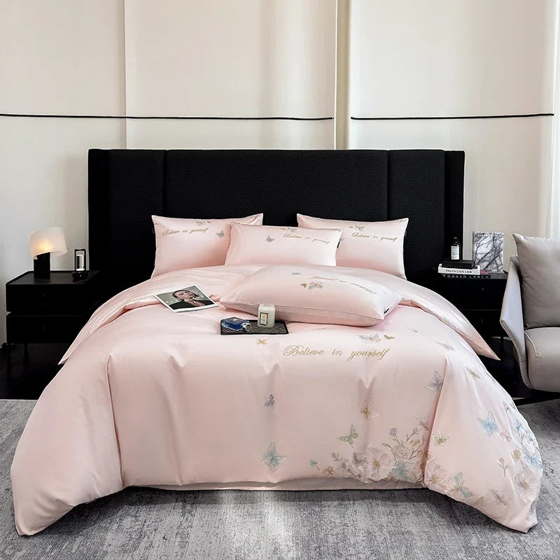 Chic Butterfly Flowers Embroidery 100% Cotton Luxury Bedding Set