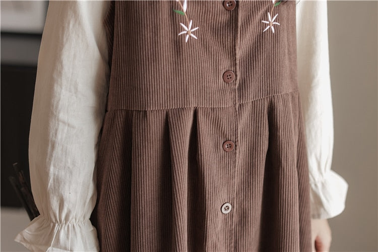 Meadow Petal Corduroy Flower Embroidered Cottagecore Dress