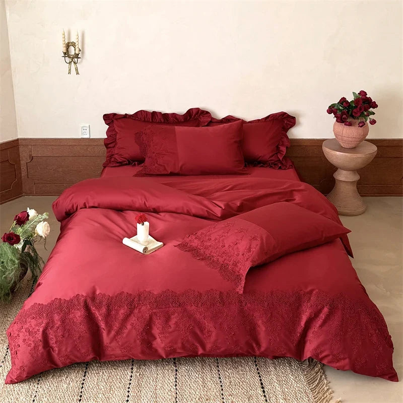 1000TC Egyptian Cotton Red Lace Embroidery Wedding Bedding Set