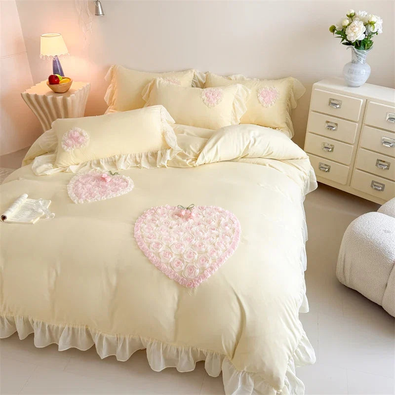 3/4Pcs French Princess Style Washed Cotton Embroidered Pink Rose Bed Skirt Fitted Sheet 200X230 Quilt Cover Bedding Set