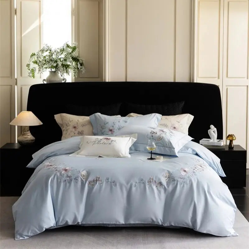 1000TC Egyptian Cotton Elegant Flowers Embroidery Luxury Bedding Set
