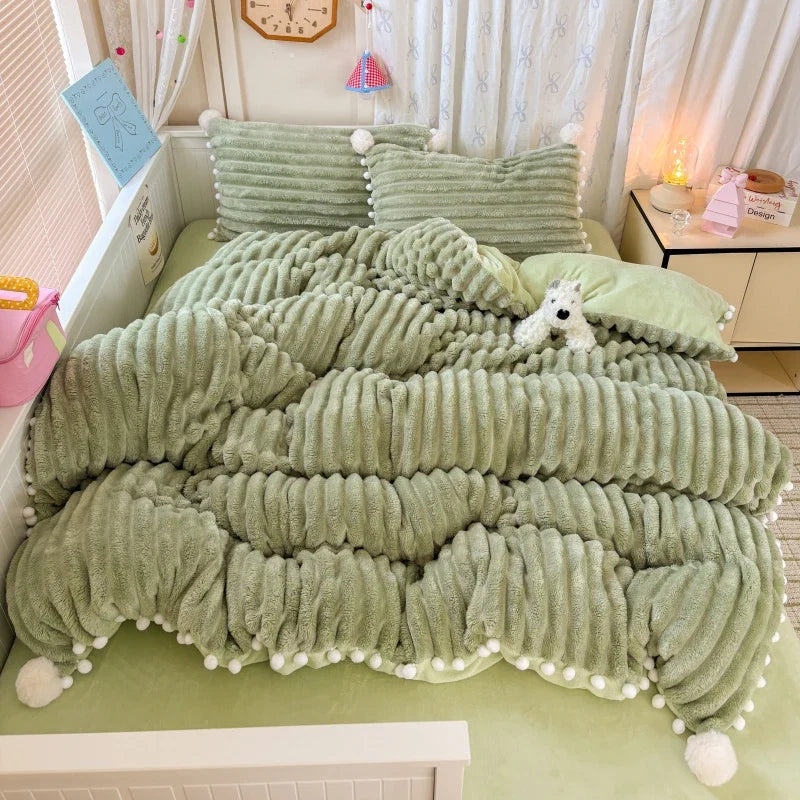 Striped Fluffy Milk Velvet Soft With Cute Pompoms Bedding Set