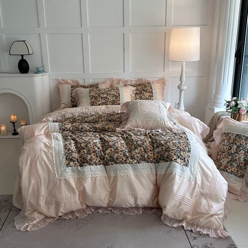 Vintage Floral Print Lace Ruffles Princess Bedding Set