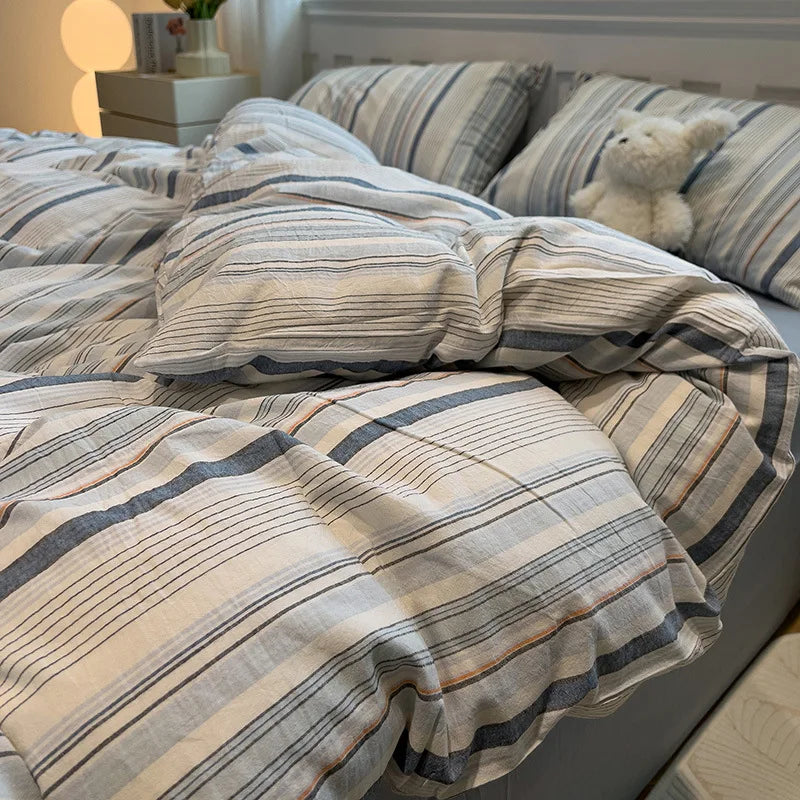 Simple Style Stripe Duvet Cover Set Bed Sheet Set Washed Cotton Bedding Set