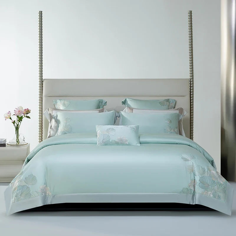 4Pcs Luxury Lotus Flowers Embroidery 1200TC Lyocell Cotton Soft Silky Bedding Set