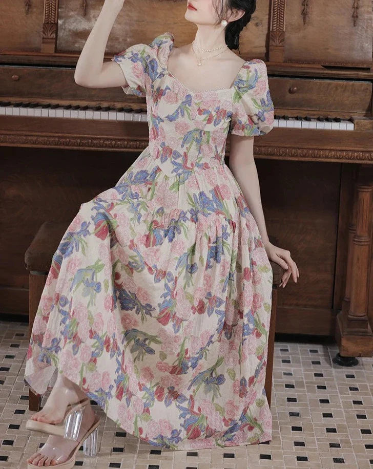 Dalila Floral Pearl Decorated Vintage-Inspired Dress