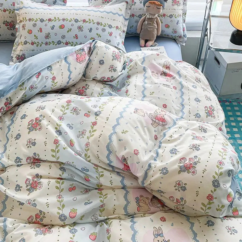 Ins Bear Duvet Cover Set with Zipper Fashion Girls Boys Kids Flat Bed Sheet Pillowcases No Filler Single Queen Size Bedding Set