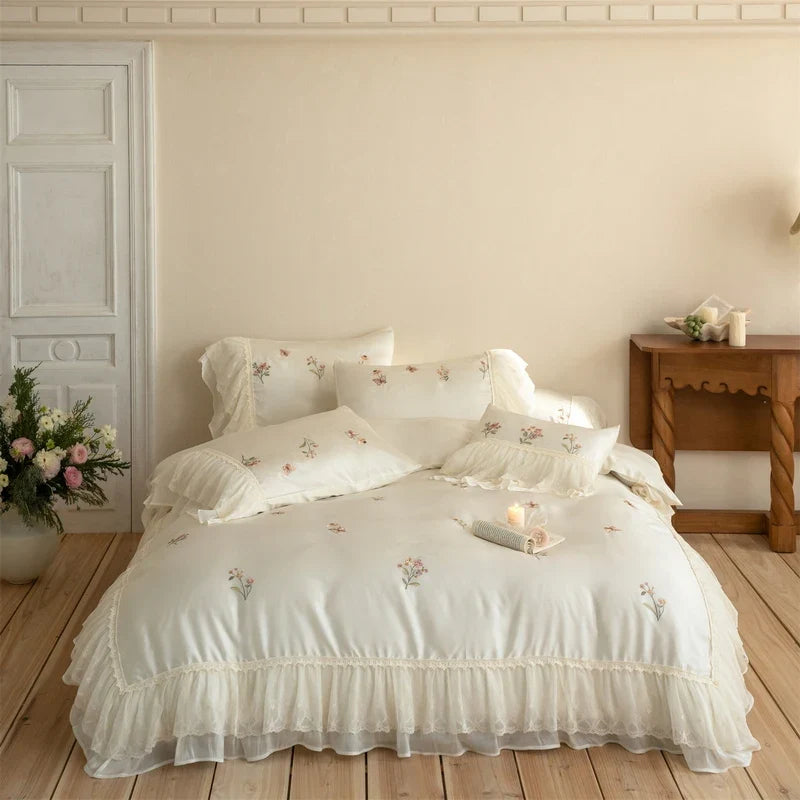 Flowers Embroidery Lace Ruffles Princess Wedding Bedding Set