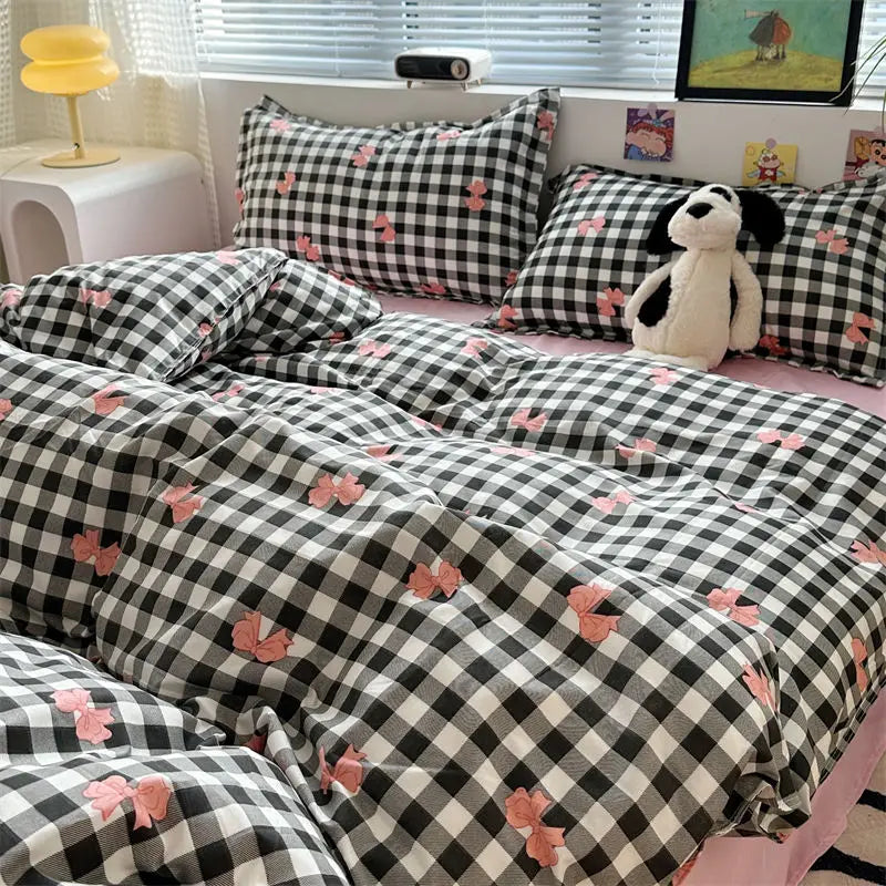 Blue Ins Nordic Duvet Cover Set No Filler Pink Green Pillowcase Flat Sheet Single Queen Size Fashion Bedding Set