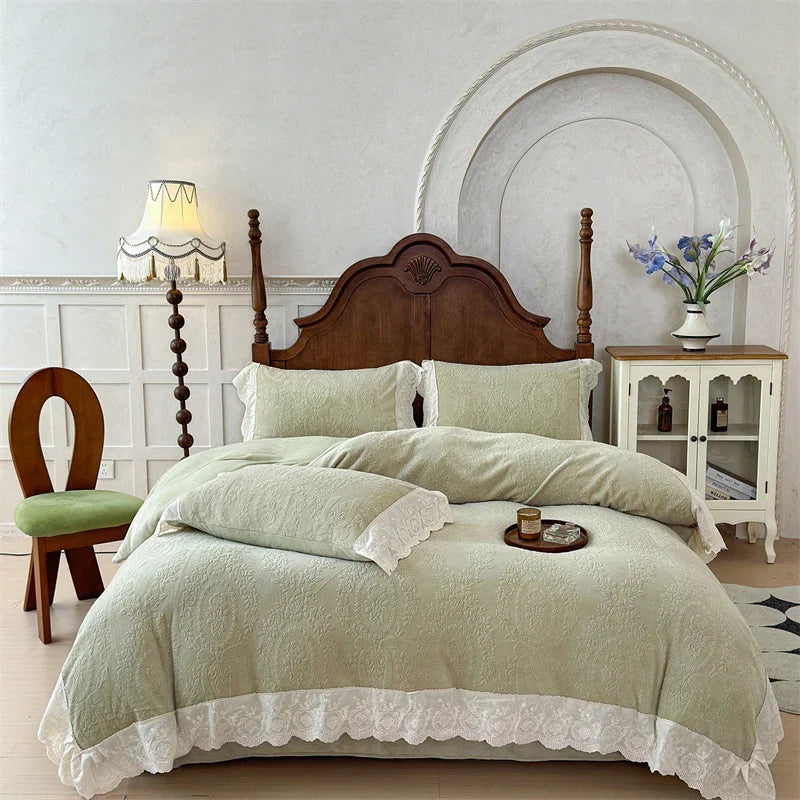 Vintage French Carved Velvet Lace Ruffles Luxury Warm Winter Pink Bedding Set