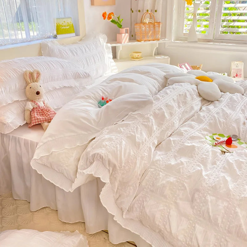 Korean Seersucker Duvet Cover Set with Pillowcases Flat Sheet Adults Kids Twin Full Queen Size Bedding Set