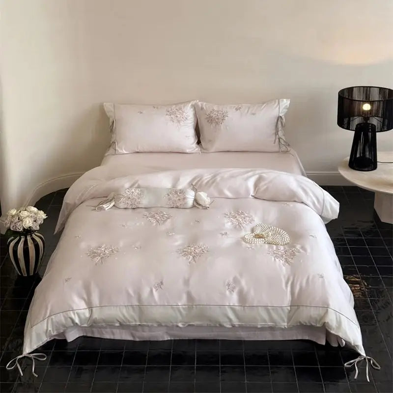 Pink Bouquet Flowers Embroidery Lace-Up Princess Bedding Set