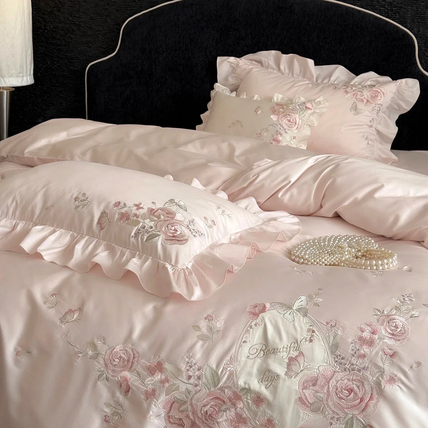 Pink Flowers Embroidery Ruffles Luxury Bedding Set