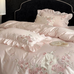 Pink Flowers Embroidery Ruffles Luxury Bedding Set