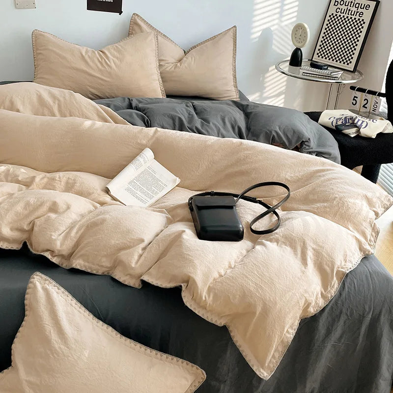 Solid Color Soft Duvet Cover Set Skin Friendly Washable Cotton Queen Bedding Set